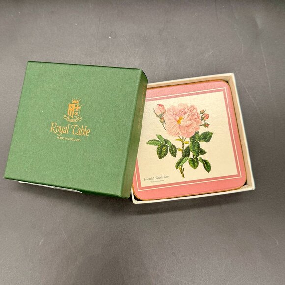 Vintage Royal Table Set of 4 Pink and Green Floral Cork Coasters Made in England - Picture 7 of 8